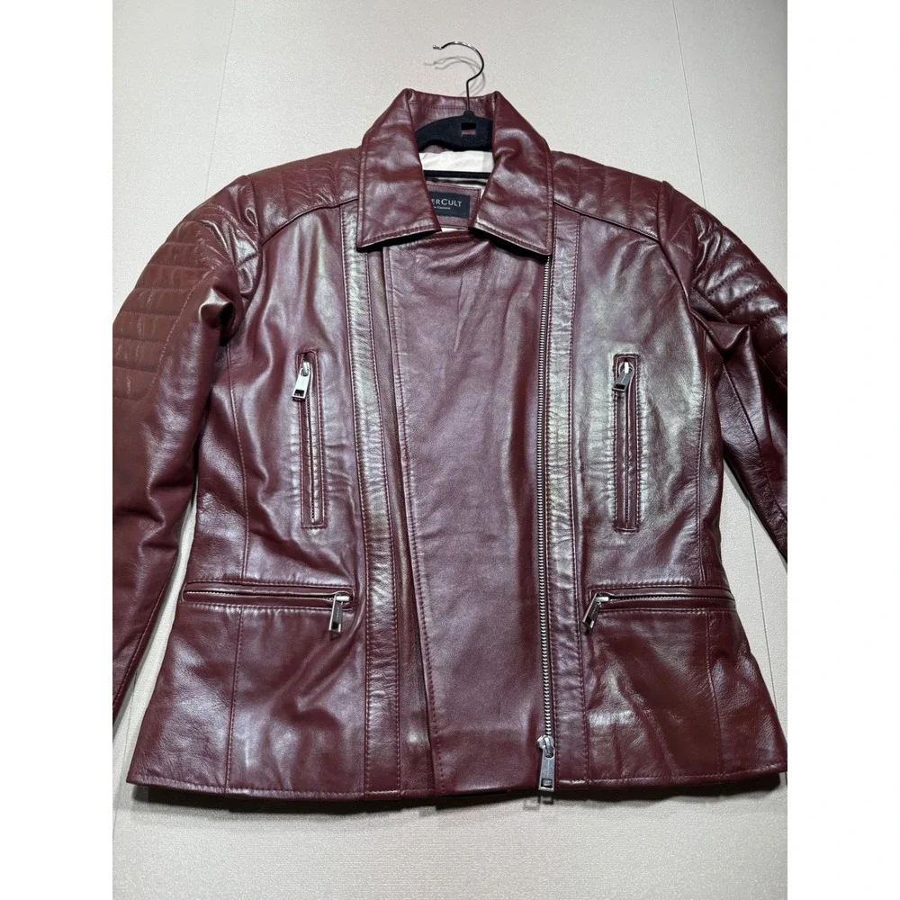 LeatherCult‎ Burgundy Real Leather Moto Biker Jacket Quilted Shoulder  MSRP;$250